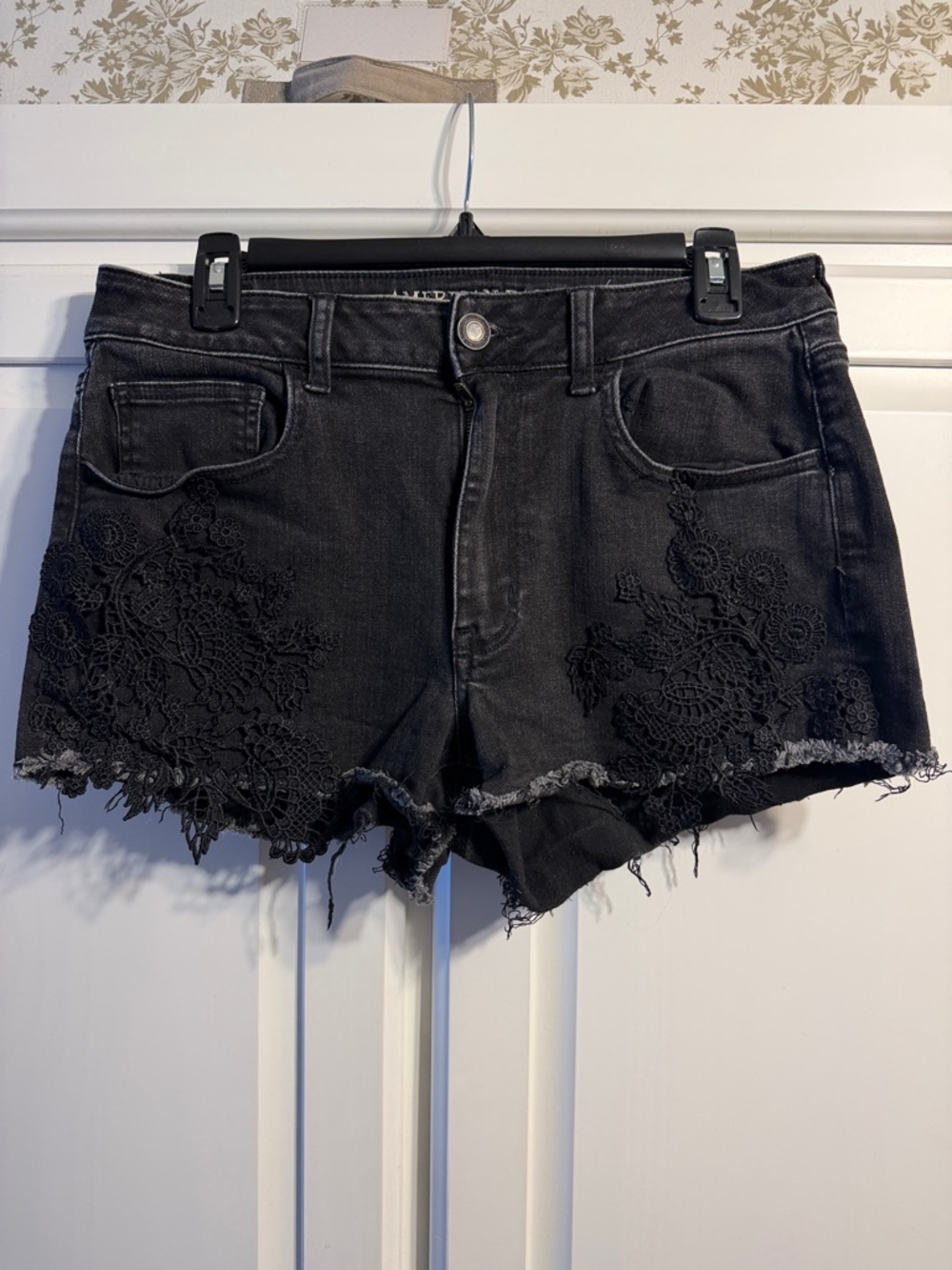 American Eagle Outfitters Black High Rise Lace-Trim Denim Shorts